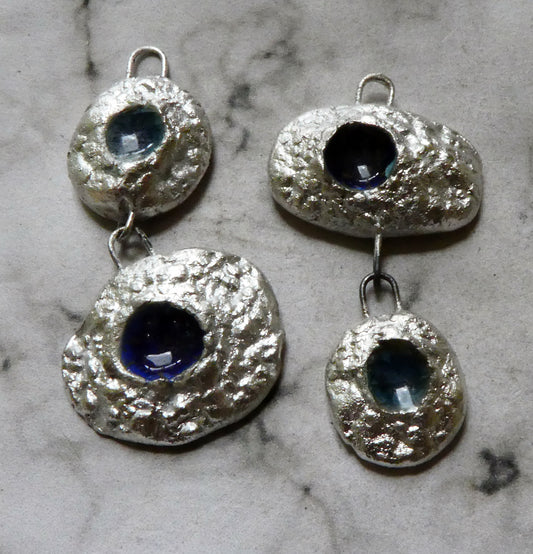 Ceramic Asymmetric Mixed Shape Textured Earring Dangles - Medium Blue and Midnight Blue