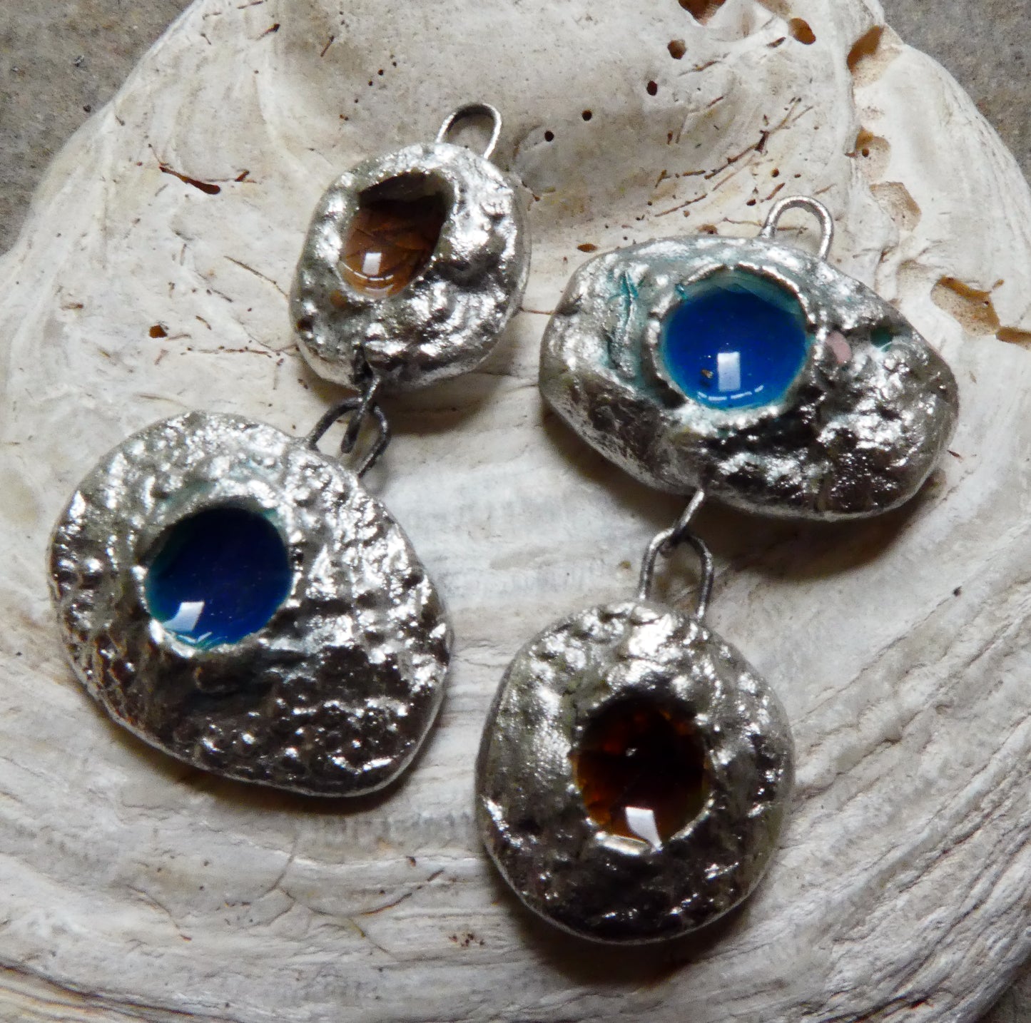Ceramic Asymmetric Mixed Shape Textured Earring Dangles - Genoa Blue and Red Copper