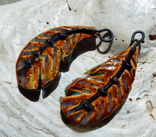 Ceramic Stapled Feather Earring Charms -Amber Ash