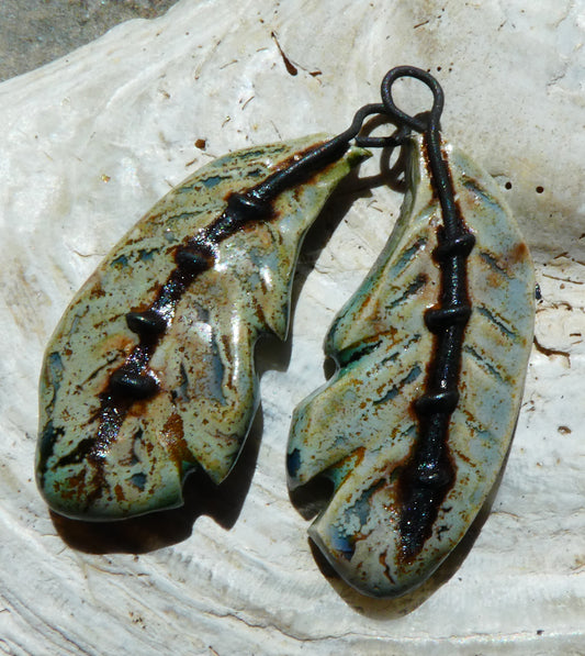 Ceramic Stapled Feather Earring Charms -Spotted Malachite