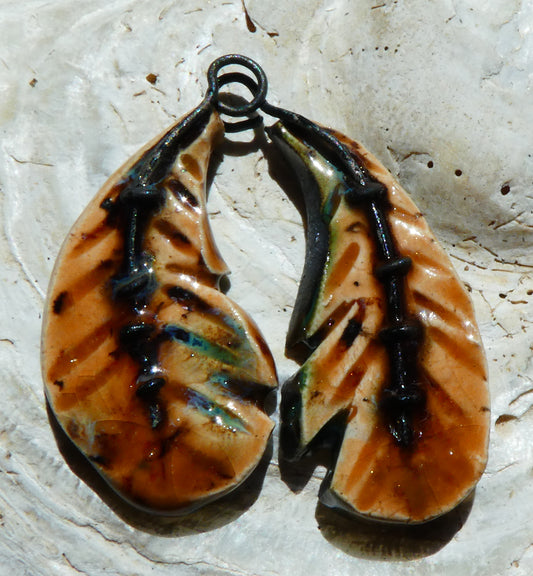 Ceramic Stapled Feather Earring Charms -Oriental Caramel