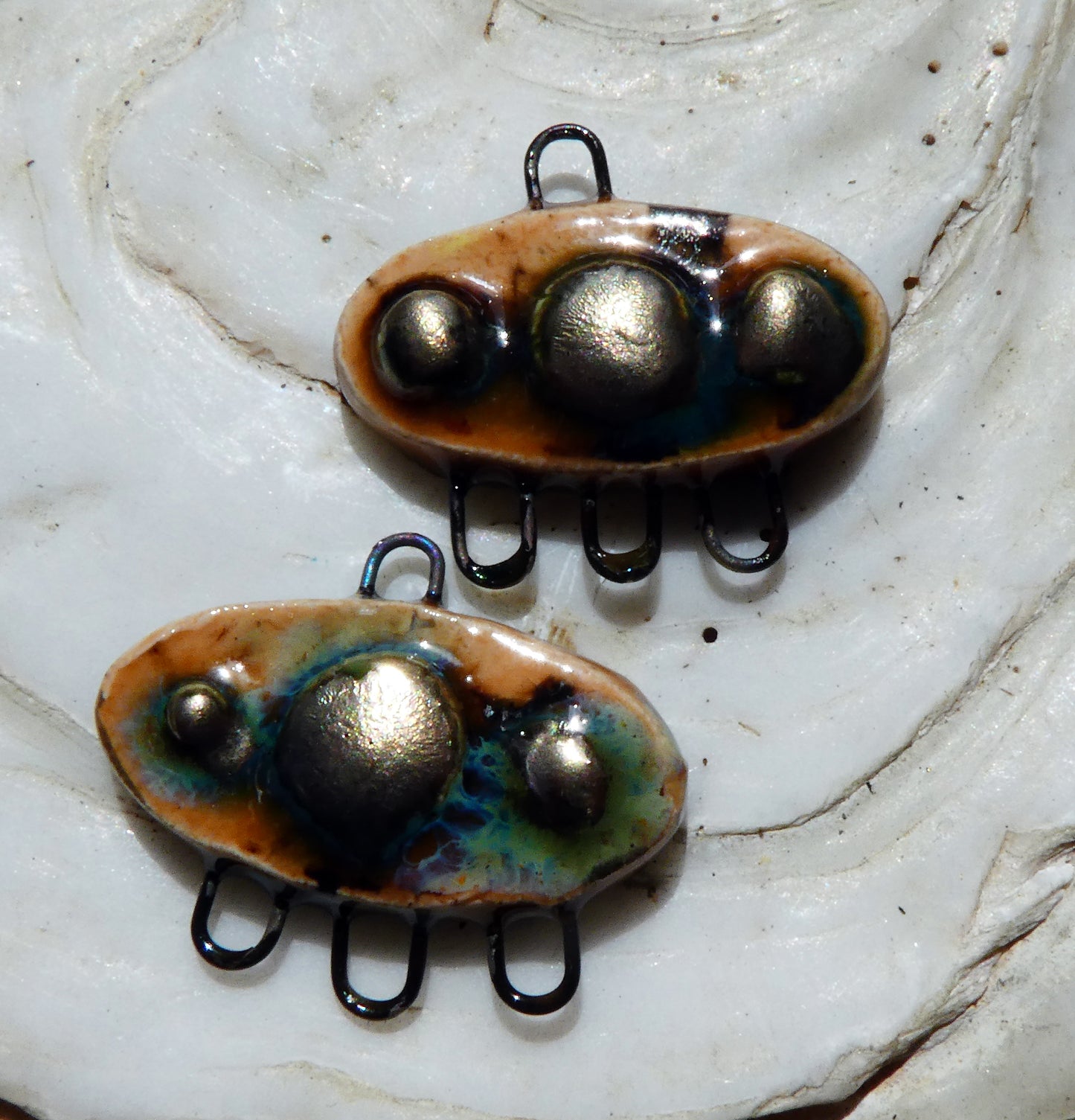 Ceramic Bobbled Three Hoop Earring Connectors - Oriental Caramel