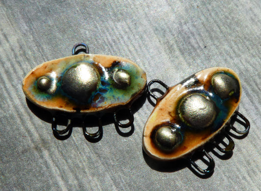 Ceramic Bobbled Three Hoop Earring Connectors - Oriental Caramel