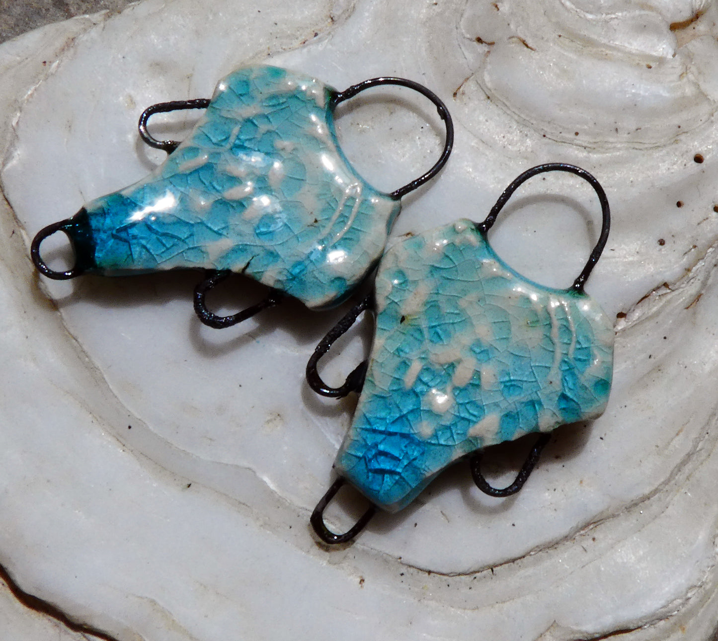 Ceramic Filligree Three Hoop Earring Connectors - Turquoise Crackle