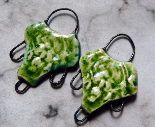 Ceramic Filligree Three Hoop Earring Connectors - Green Crackle