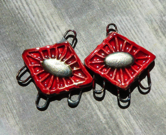 Ceramic Textured Diamond Earring Connectors -Red