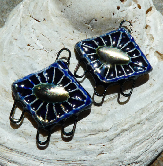 Ceramic Textured Diamond Earring Connectors -Mirror Blue