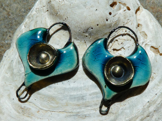 Ceramic Moulded Lotus Earring Connectors -Oriental Blue