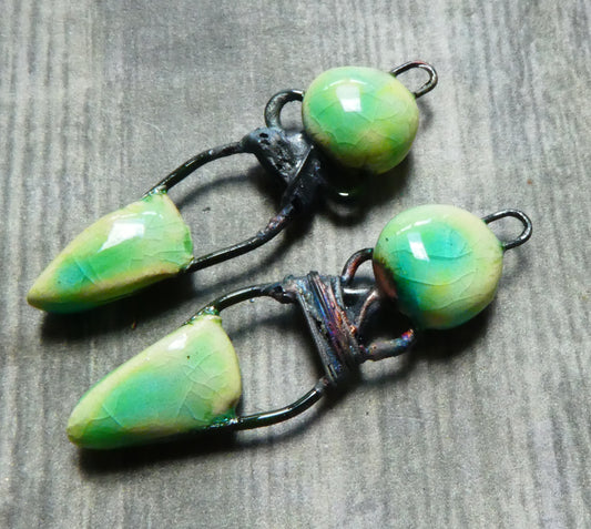 Ceramic Wire Wrapped Pointy Earring Connectors -Lime