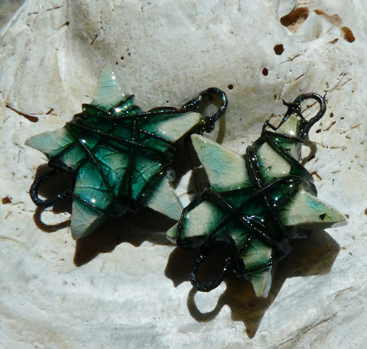 Ceramic Wire Wrapped Star Earring Connectors -Turquoise Crackle