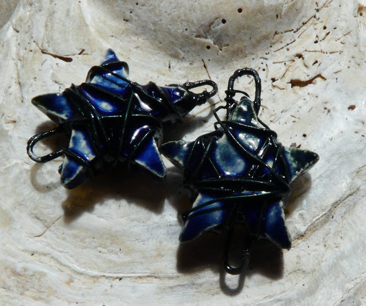 Ceramic Wire Wrapped Star Earring Connectors - Mirror Blue