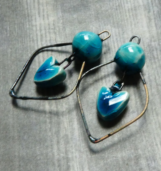 Ceramic Bobble and Heart Dangles - Oriental Blue