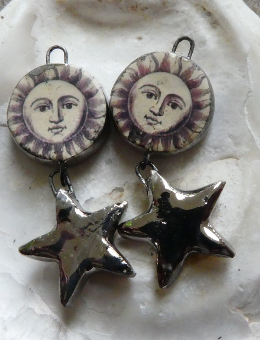 Ceramic Vintage Sun Decal and Star Earring Dangles #5