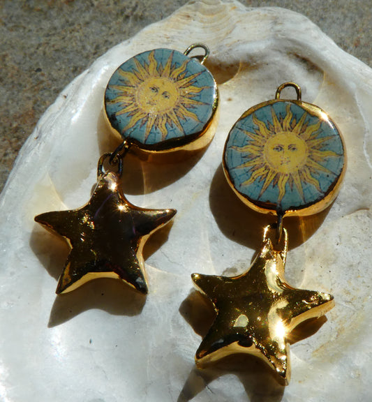 Ceramic Vintage Sun and Moon Decal and Star Earring Dangles #10