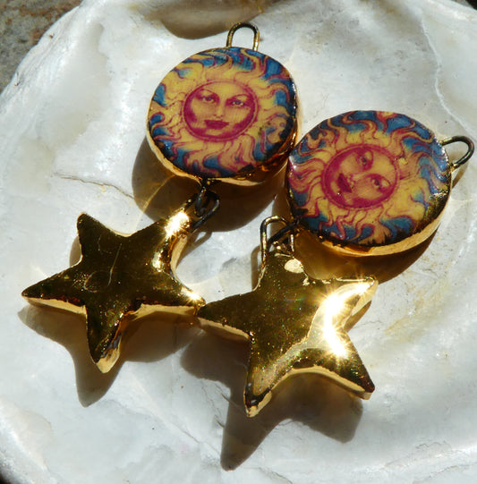 Ceramic Vintage Sun and Moon Decal and Star Earring Dangles #11