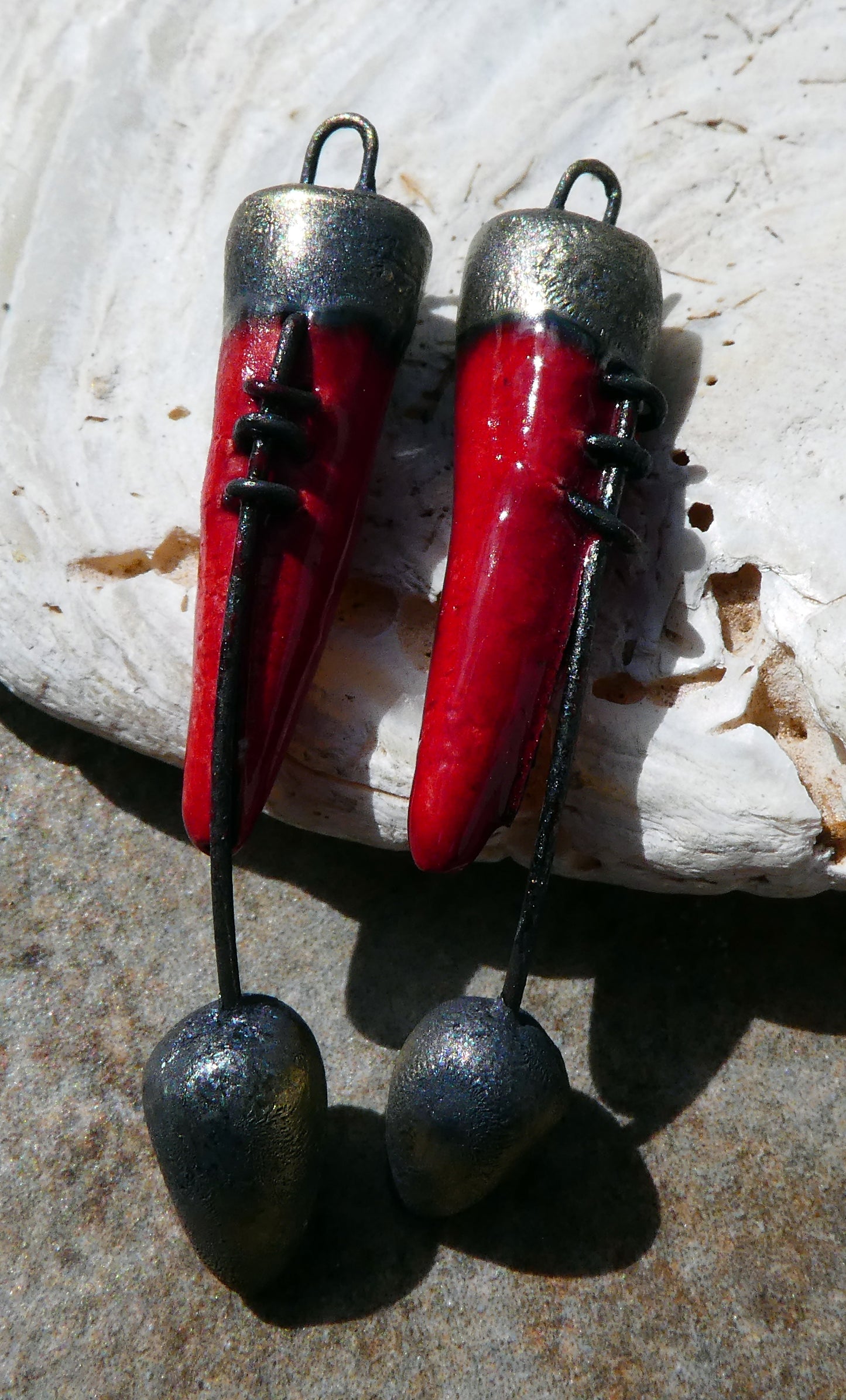 Ceramic Stitched Spike Earring Charms -Red