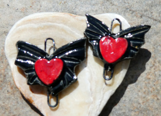 Ceramic Bat Wing and Heart Earring Connectors -Black Gloss