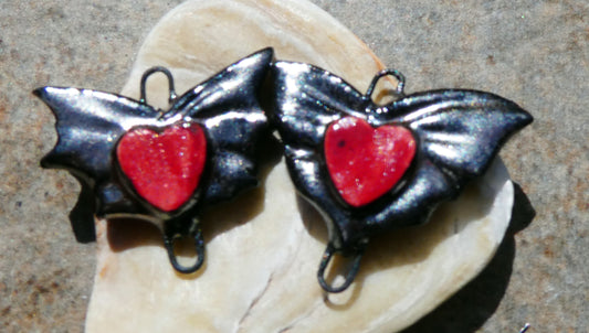 Ceramic Bat Wing and Heart Earring Connectors -Gloria