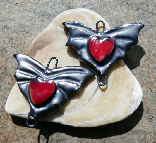 Ceramic Bat Wing and Heart Earring Connectors -Pewter