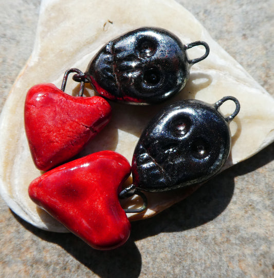 Ceramic Skull and Heart Earring Dangles - Gloria