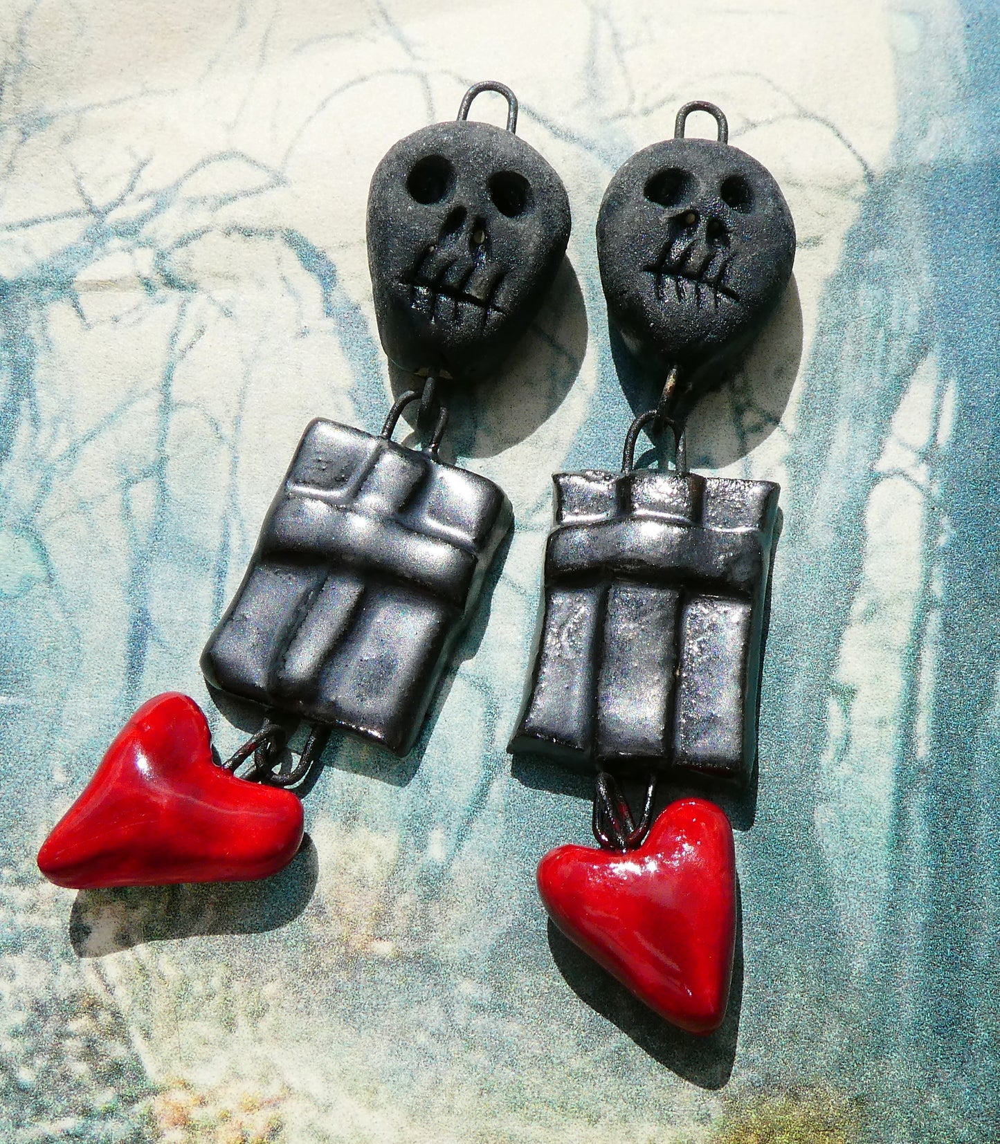 Ceramic Skull, Cross and Heart Earring Dangles