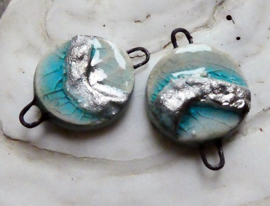 Ceramic Moulded Disc Earring Connectors - Turquoise Crackle