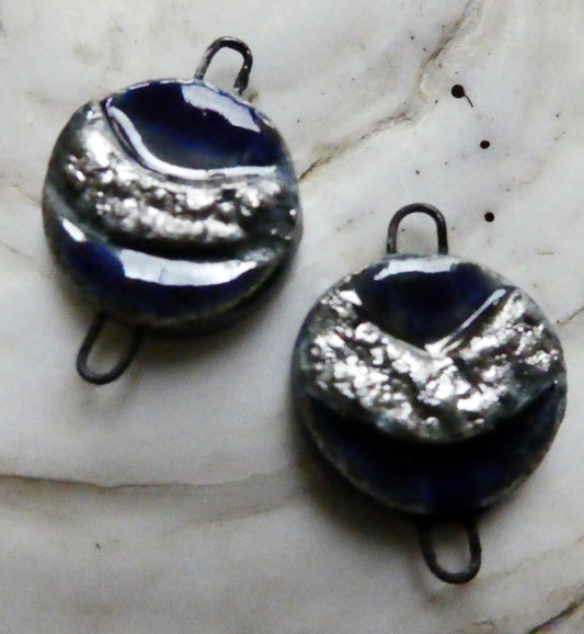 Ceramic Moulded Disc Earring Connectors - Mirror Blue