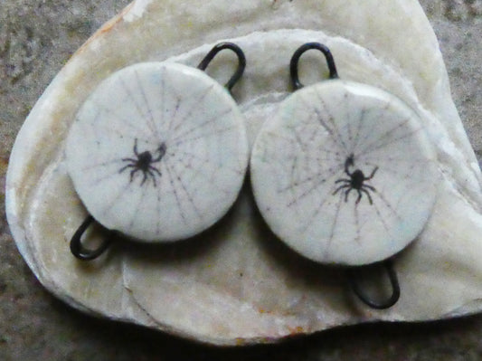 Ceramic Spider in Web Decal Disc Earring Connectors #1