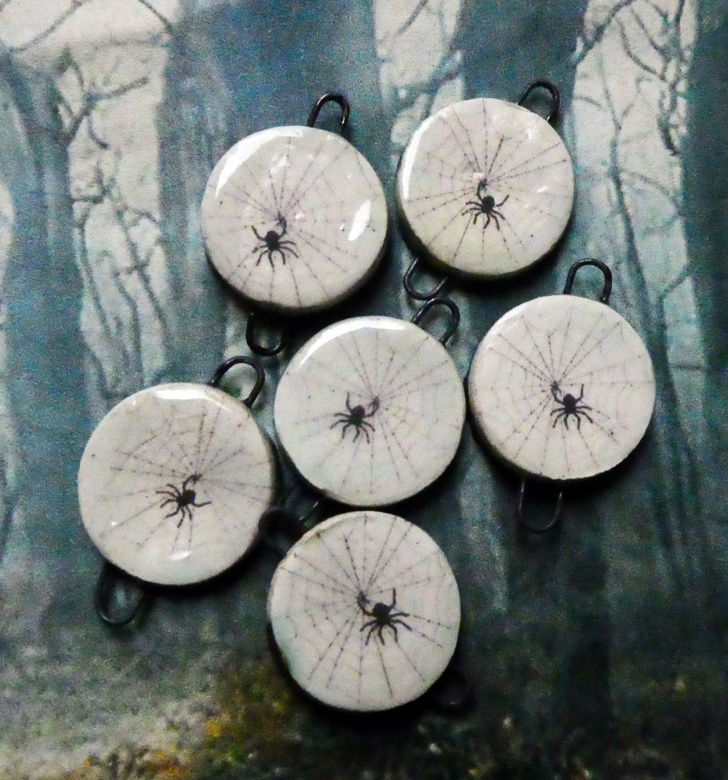 Ceramic Spider in Web Decal Disc Earring Connectors #1