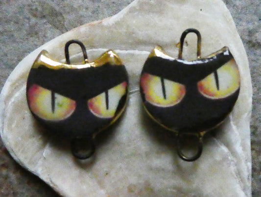 Ceramic Spooky Cat Decal Disc Earring Connectors #1