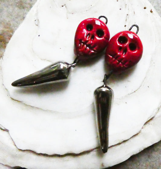 Ceramic Skull and Spike Dangles - Red