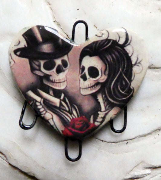 Ceramic Skeleton Couple Heart Decal Necklace Connector #3