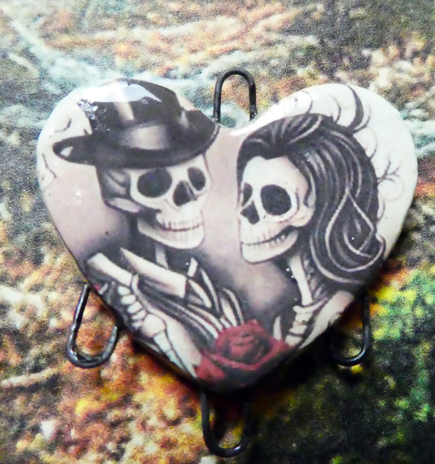 Ceramic Skeleton Couple Heart Decal Necklace Connector #3