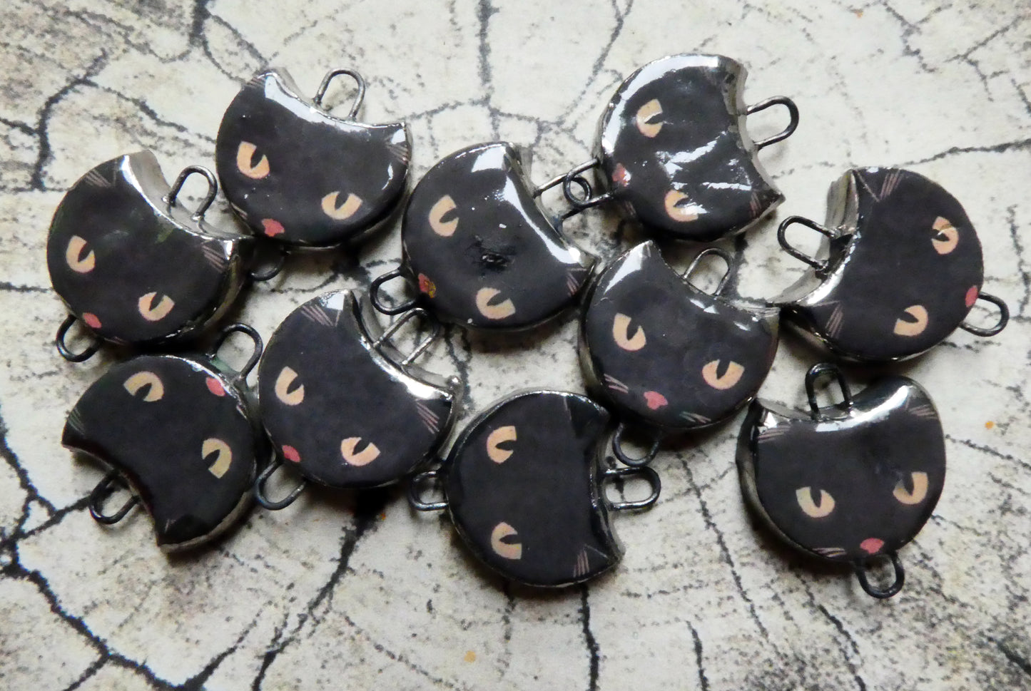 Ceramic Spooky Cat Decal Disc Earring Connectors #3