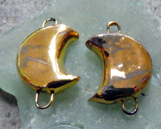Ceramic Crescent Moon Earring Connectors -Gold Lustre
