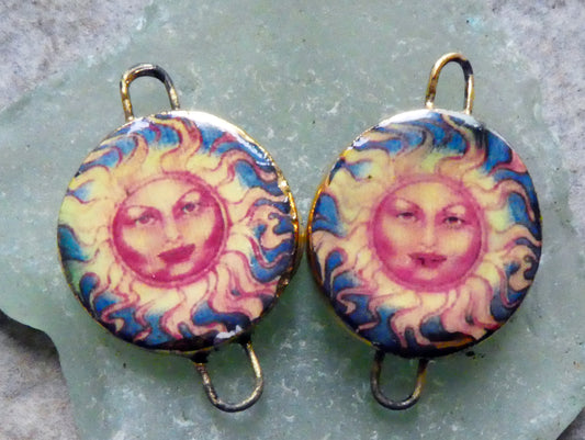 Ceramic Little Disc Vintage Sun Decal Earring Connectors #7