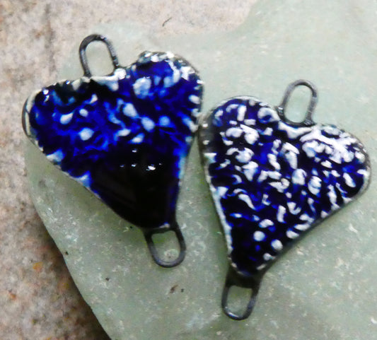 Ceramic Textured Heart Earring Connectors -Mirror Blue