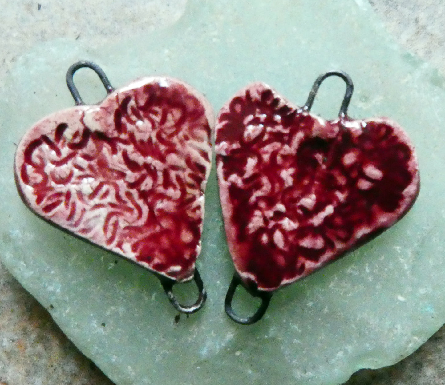 Ceramic Textured Heart Earring Connectors -Cherry