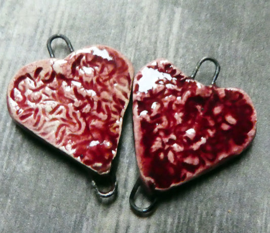 Ceramic Textured Heart Earring Connectors -Cherry