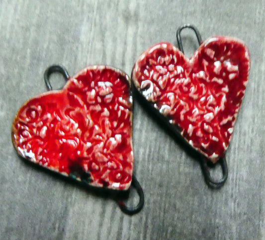 Ceramic Textured Heart Earring Connectors -Red