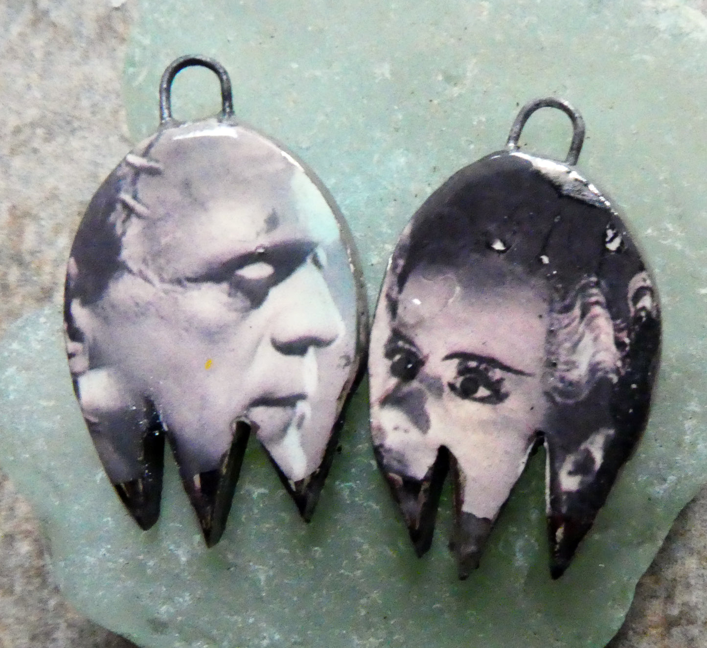 Ceramic Horror Decal Earring Charms - Frankenstein Monstor and Bride #1