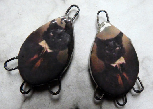 Ceramic Spooky Cat Decal Earring Connectors #1