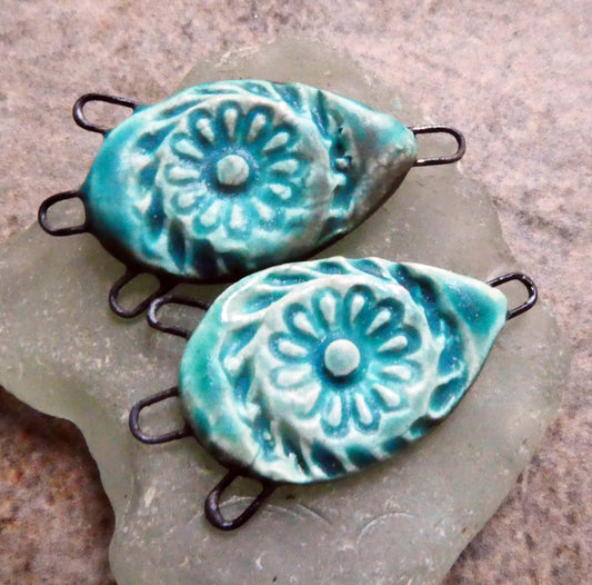 Ceramic Decorative Three Hoop Earring Connectors -Antique Turquoise