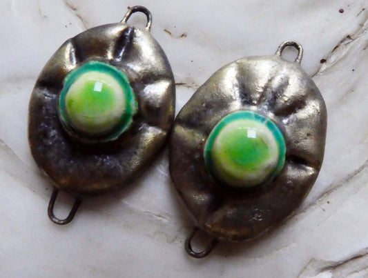 Ceramic Bobbly Bronzy Oval Earring Connectors - Lime