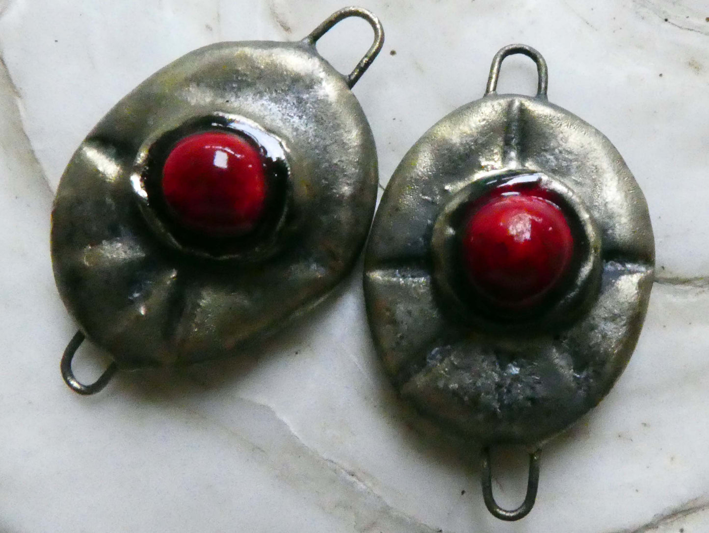 Ceramic Bobbly Bronzy Oval Earring Connectors - Red