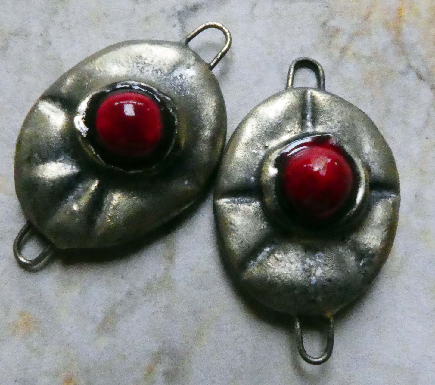 Ceramic Bobbly Bronzy Oval Earring Connectors - Red