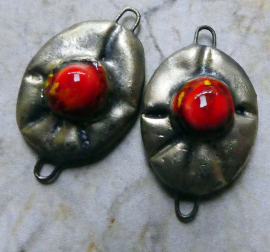 Ceramic Bobbly Bronzy Oval Earring Connectors - Firecracker