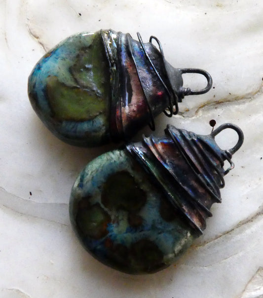 Ceramic Wire Wrapped Flat Drop Earring Charms -Mystic Jade