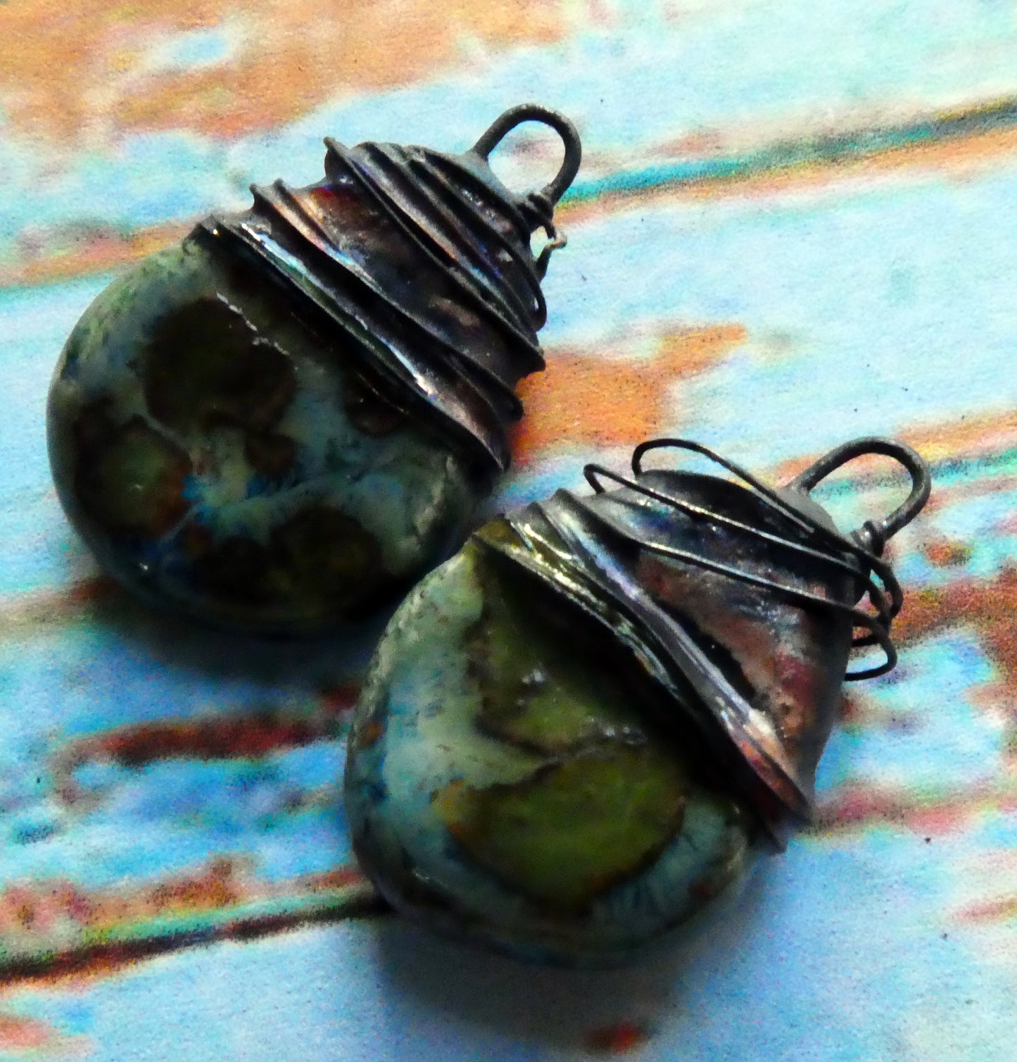 Ceramic Wire Wrapped Flat Drop Earring Charms -Mystic Jade