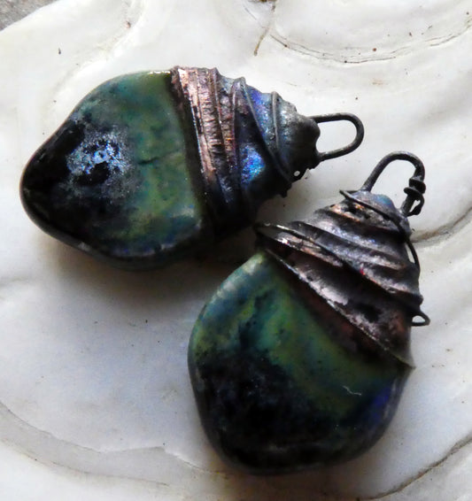 Ceramic Wire Wrapped Flat Drop Earring Charms -Granada